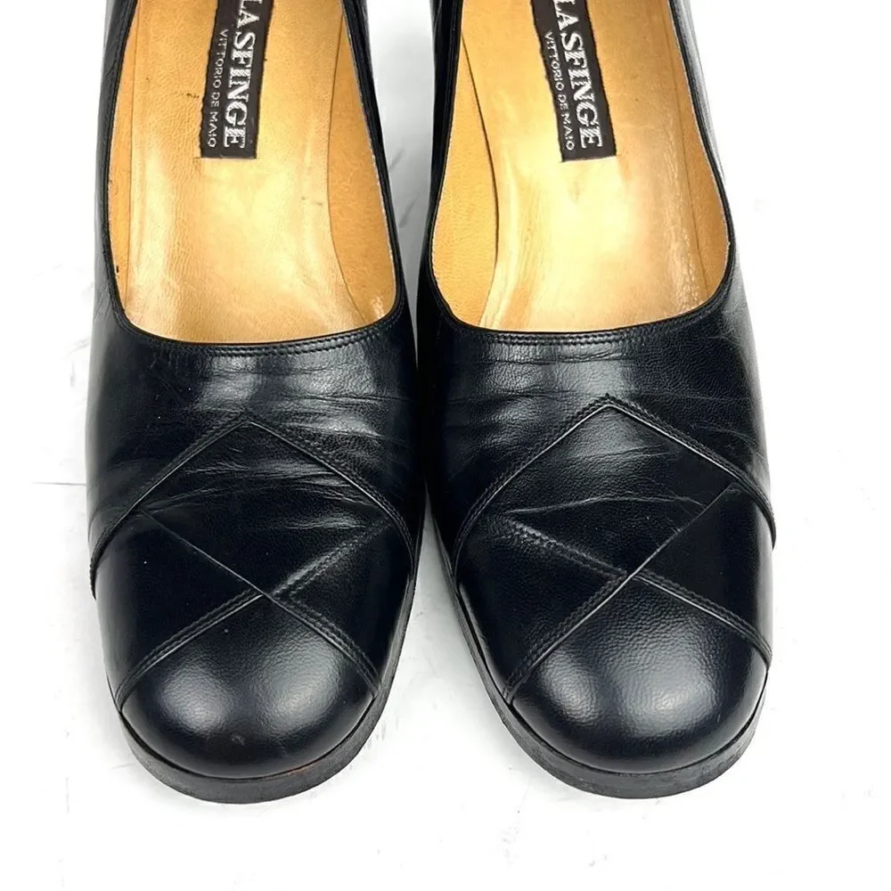 Black Leather Italian made Pumps Heels LA SFINGE by Vittorio De Maio size 9,5